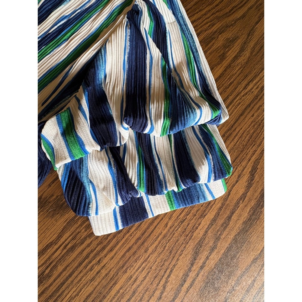 Chicos Women Blouse Pleated Size 2 Large Blue Green Striped Ruffle Sleeve V-Neck - Picture 8 of 10